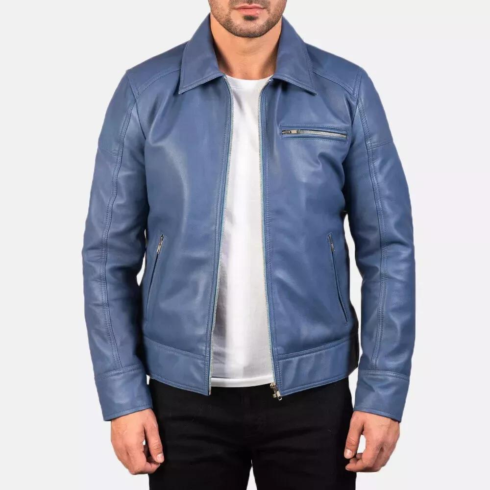 Lambskin Soft Stylish Men Jacket Blue Genuine Lambskin Real Leather Handmade