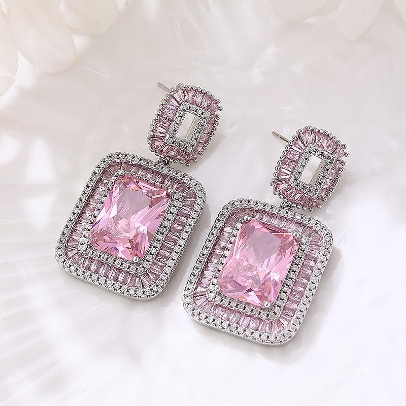 European and American Bold Super Flash Zircon Geometric Square Earrings for Evening Dress