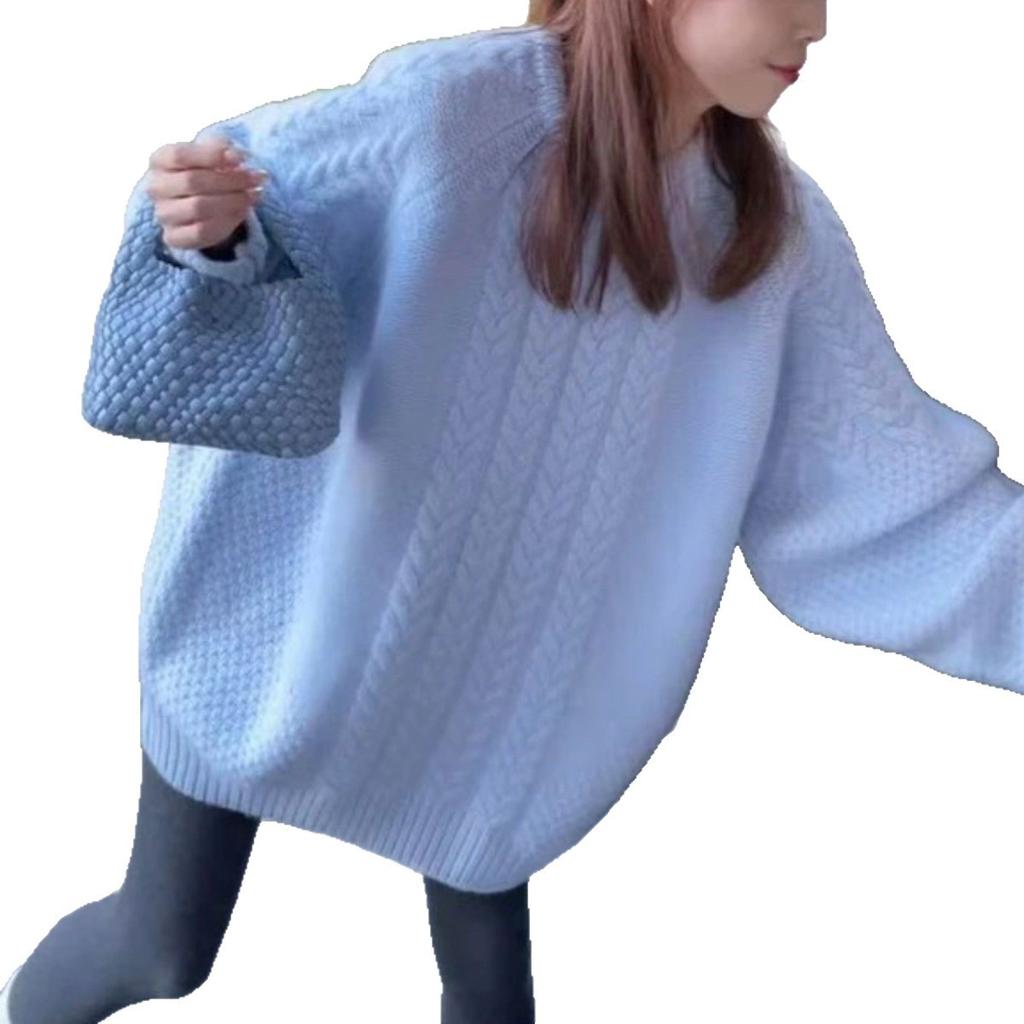 Blue milk huhu twist soft waxy lazy wind sweater women's autumn and winter new wear loose medium and long knitted sweater