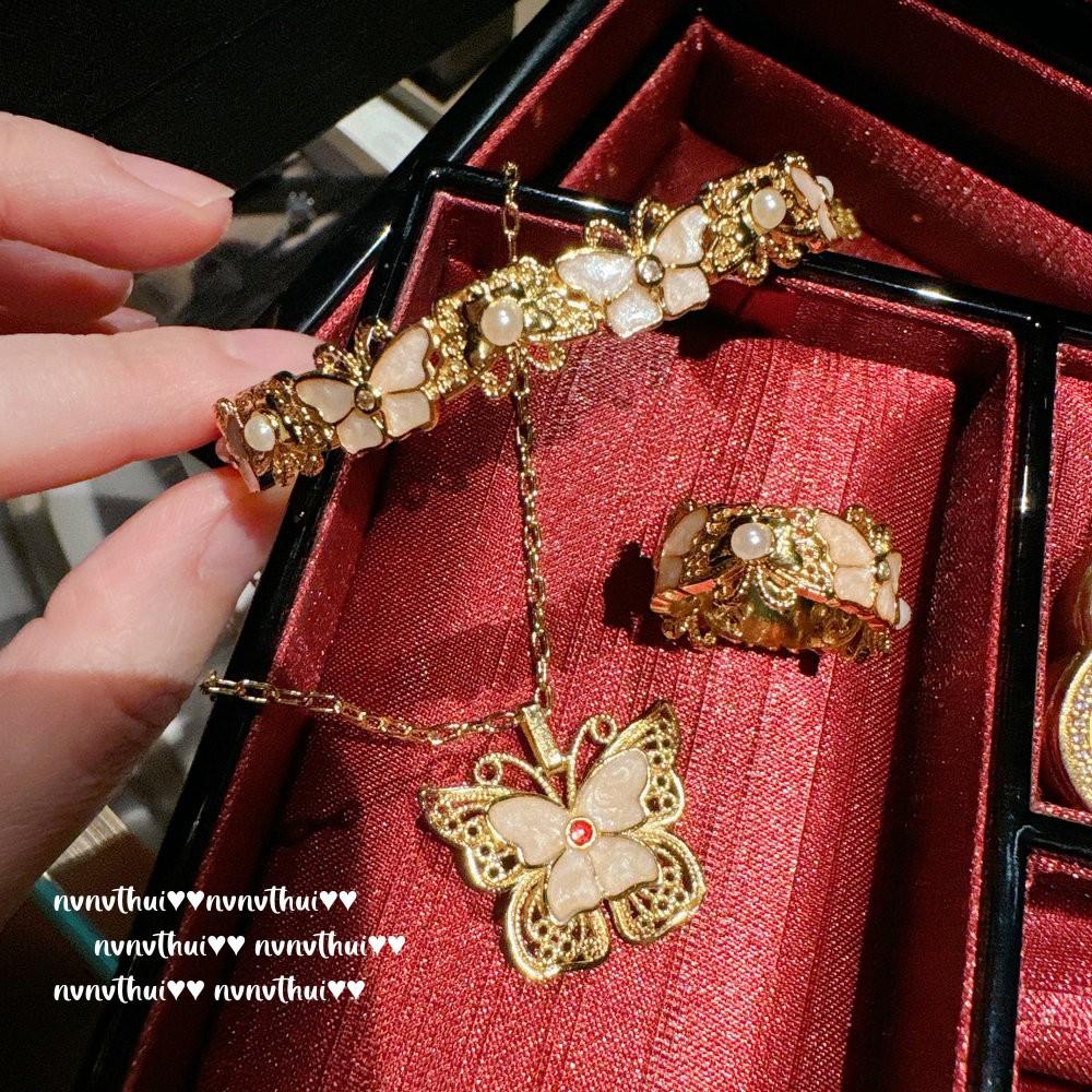 Ancient Gold Chiseled Butterfly Fritillary Gemstone Bracelet, New Chinese Style, Densely Woven Honeycomb Butterfly Drop Glaze Necklace Set