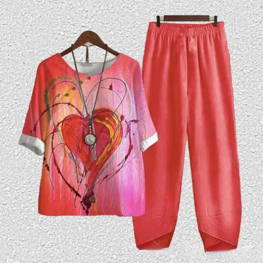 Women's Loose Fit Floral Printed Two Piece Outfit Half Sleeve T-Shirt Elastic Waist Pantsuit