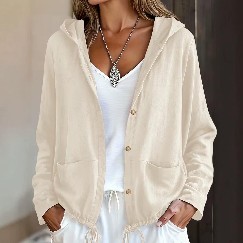 Women'S Solid Color Hooded Jacket Drawstring Button Front Jacket Coat