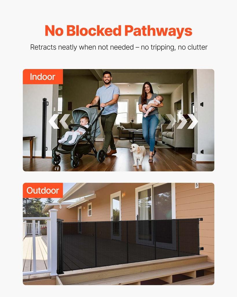 Retractable Baby Gate, Extends To 3100 Mm Extra Wide, 795 Mm Tall, with Reinforced Fiberglass Strips, Avoids Crawling Through, Mesh Dog Gate for
