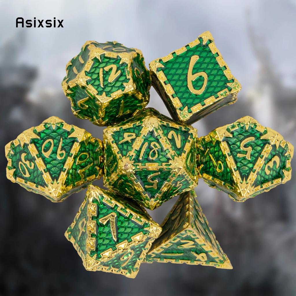 7 Stück grüne goldene Fischschuppen-Metallwürfel aus massivem Metall, polyedrisches Würfelset, geeignet für Rollenspiele, RPG-Brettspiele, Kartenspiele