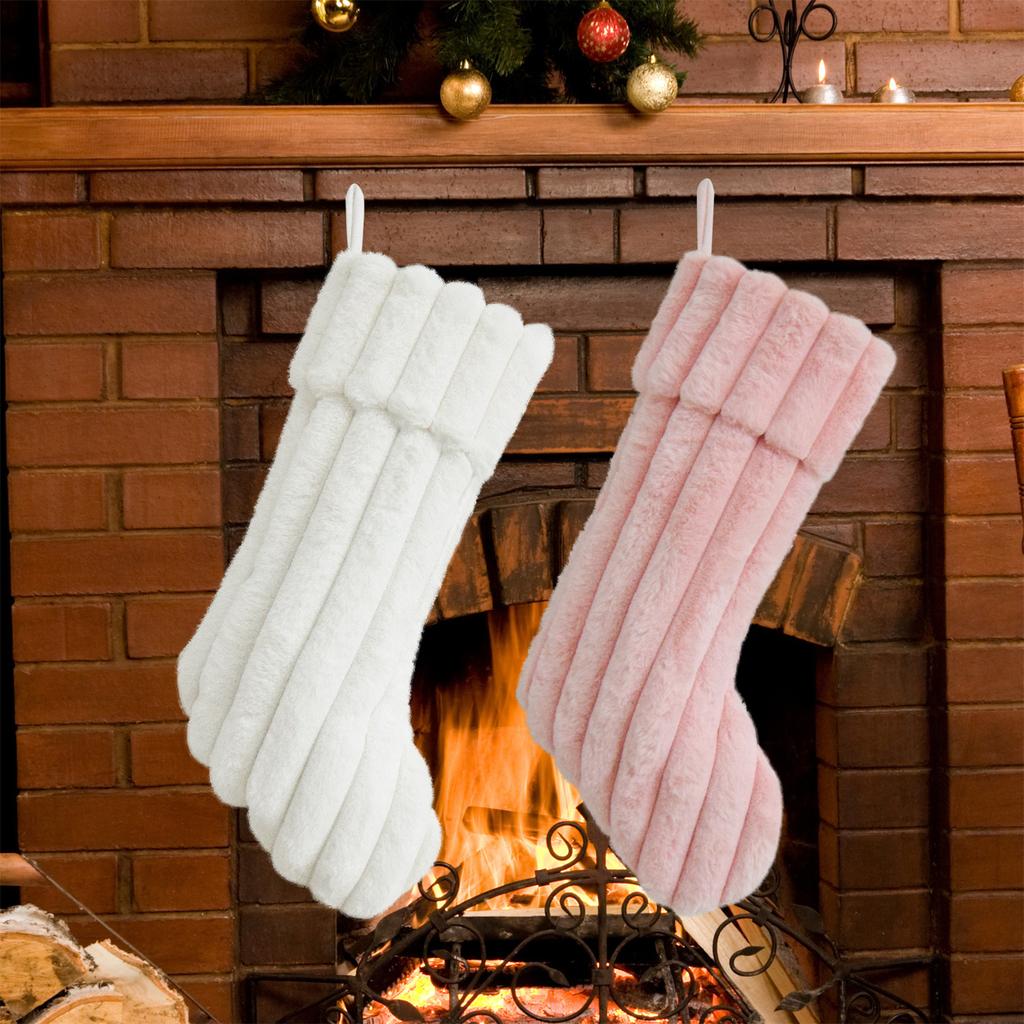 Plush Christmas Stocking Soft Faux Fur Vertical Channel Design Hanging Loop Holiday Decoration for Home Fireplace Mantel