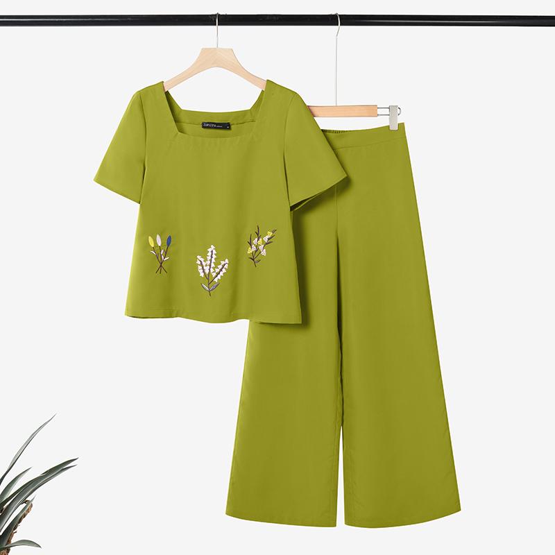 

Летний комплект из двух предметов ZANZEA: блузка с квадратным вырезом и короткими рукавами, с вышивкой, и брюки. M зелёный