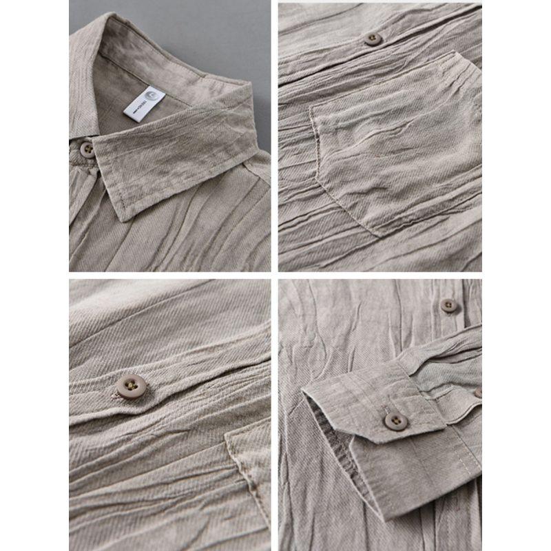 Spring Summer Retro Distressed Pleat Cotton Linen Long Sleeve Shirts Men's Chinese Style Loose Casual Shirt Breathable Linen