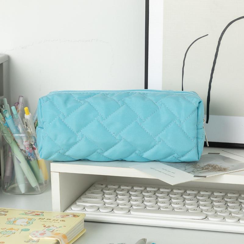 Quilted Geometric Pattern Large-capacity Student Stationery Bag Pencil Case Solid Color Stationery Simple Storage Bag Stationery Box New