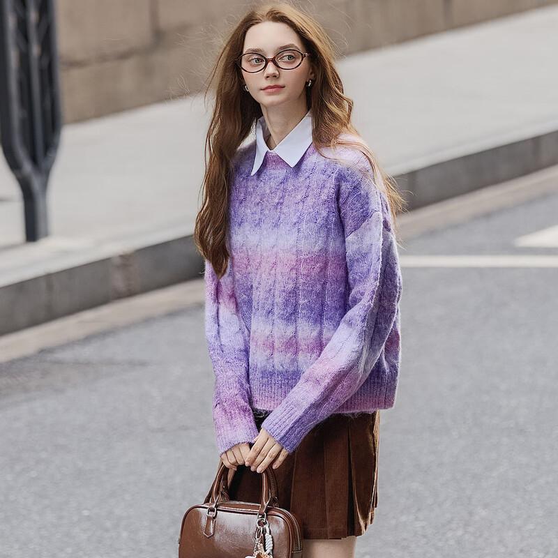 TonLion Women's Round Neck Gradient Cable Knit Sweater