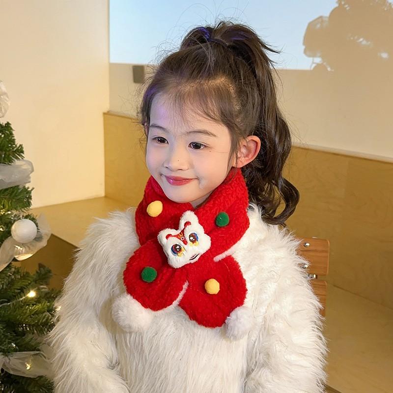 Warm Winter Knit Scarf With Cute Lion Cartoon Print Unisex Neck Warmer Cold Season Soft Fleece-Lined Stylish Daily