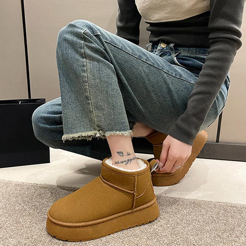 Herbst- und Winter-Schnee-Stiefel mit integriertem Fell, Damen-Außenfellschuhe mit dicker Sohle, Kurzstiefel mit Schwammsohle