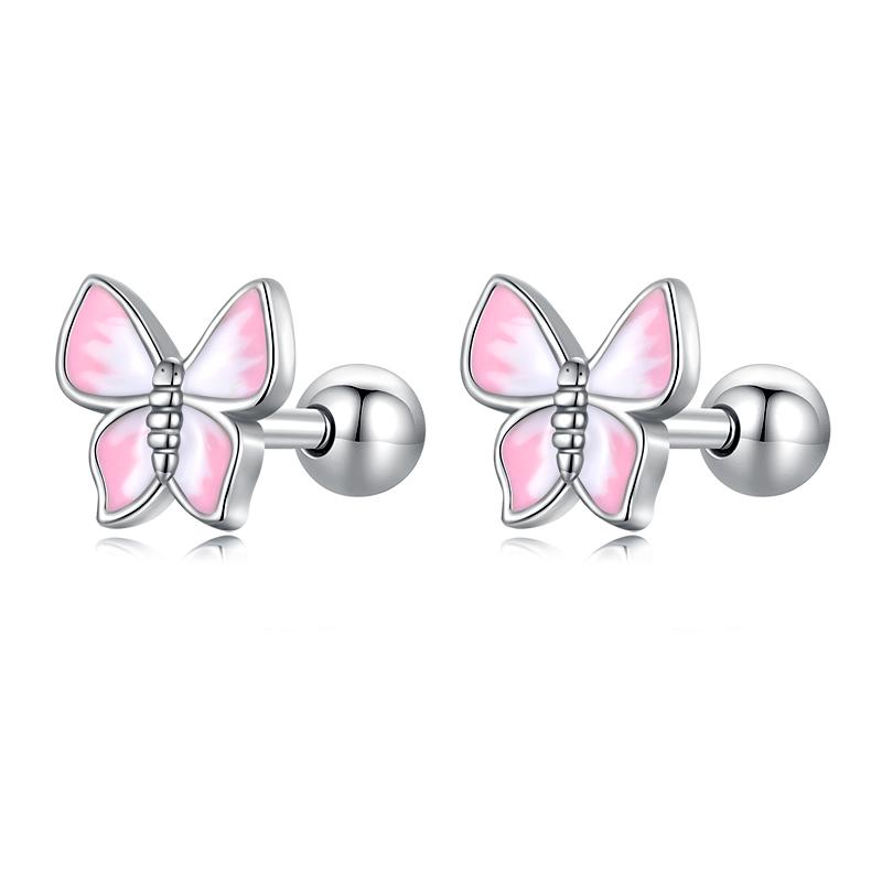 925 Silver Mini Flower Butterfly Bird Bee Stud Earrings Rainbow Moonstone Kitty Cat Ear Studs Girl Party Jewelry