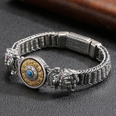 Handgemachtes silberfarbenes Reative Passepartout-Gebetsrad-Armband für Männer, Transferperlen, Mantra mit sechs Zeichen, Retro-Armreifen