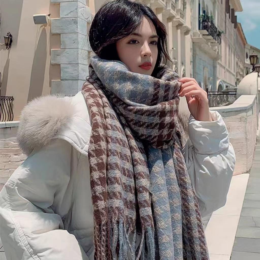 Scarf winter women's versatile shawl dual-purpose thousand bird plaid new Korean version thickened warm imitation cashmere scarf