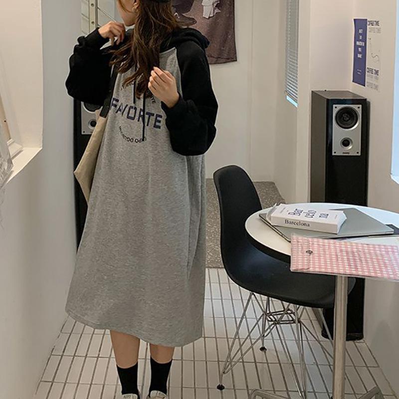 

Новое зимнее свободное платье-толстовка с капюшоном в стиле ленивой моды для женщин, плюс бархатная утолщенная юбка выше колена, узкая юбка Fat MM One size серый