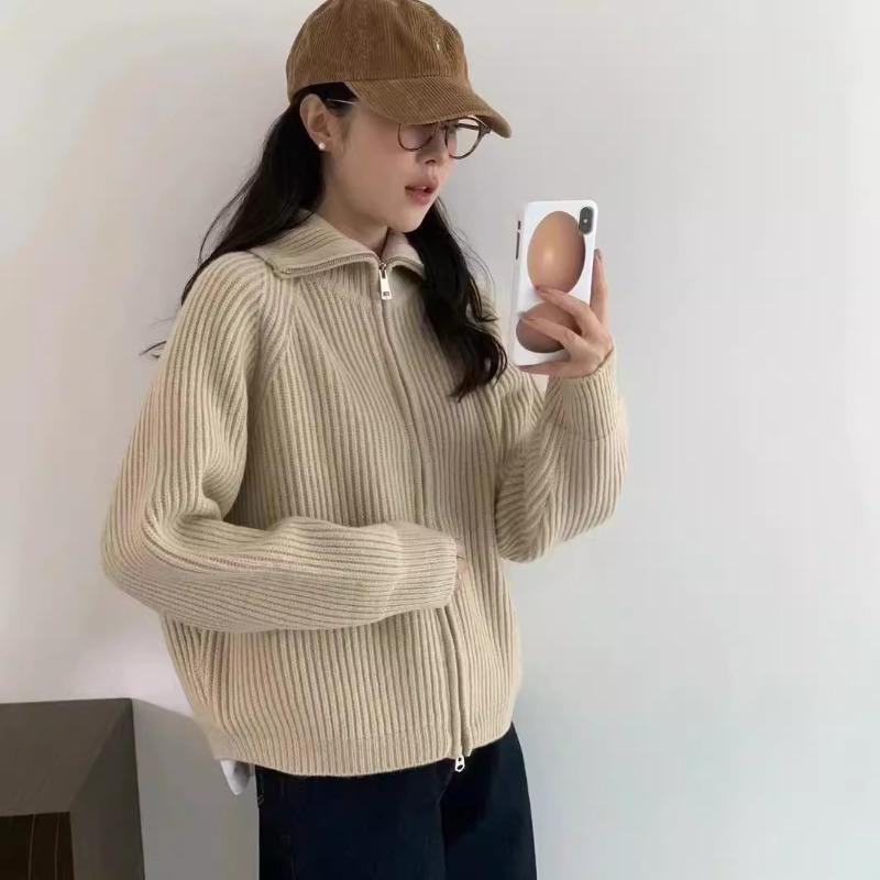 New solid color pit strip double zipper design sense shoulder long sleeve knitted jacket women solid color simple sweater women