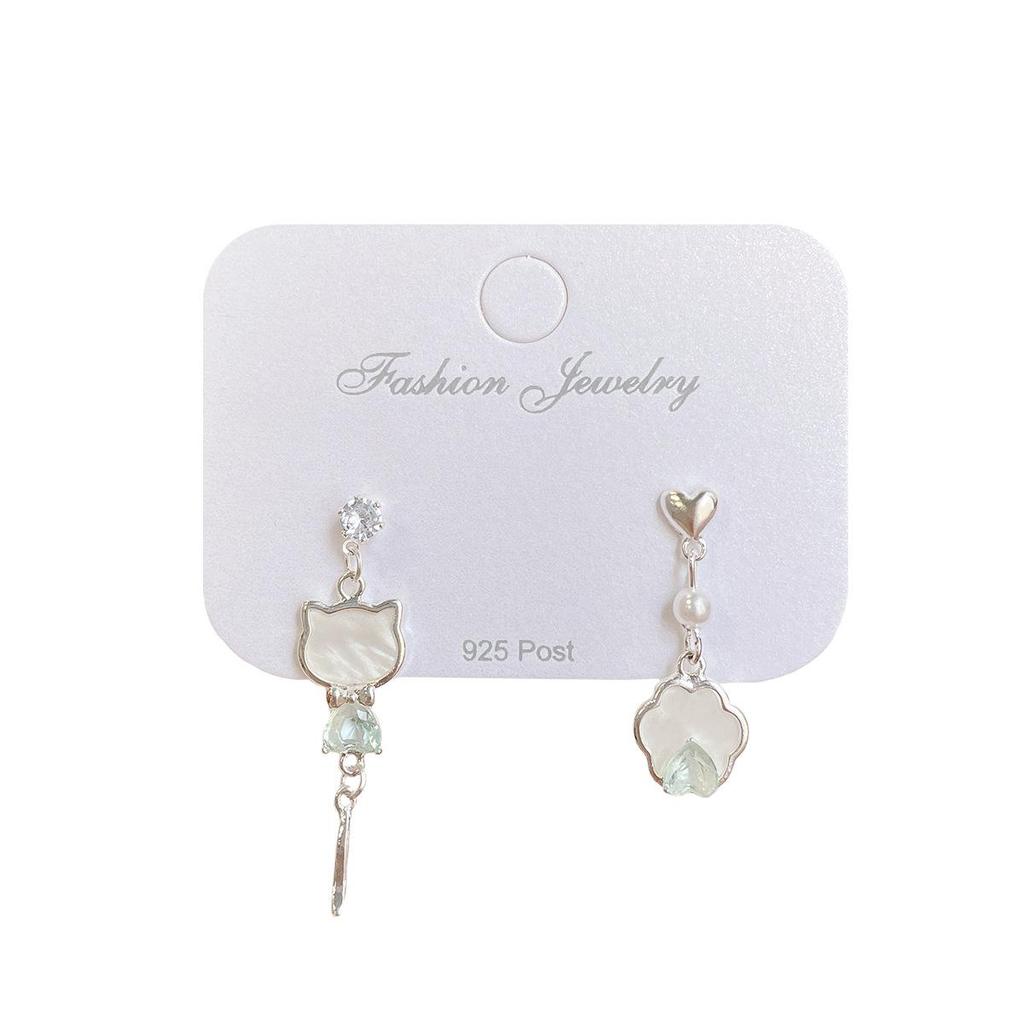 Exquisite Zircon Tassel Cat Earrings for Women - Silver Needle Geometric Cute Niche Style