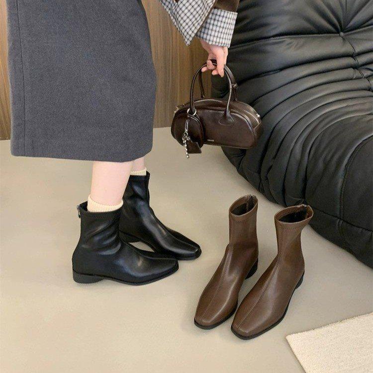 Coarse heel versatile square head rear zipper small ankle boots autumn and winter thin boots women's single boots short boots new retro
