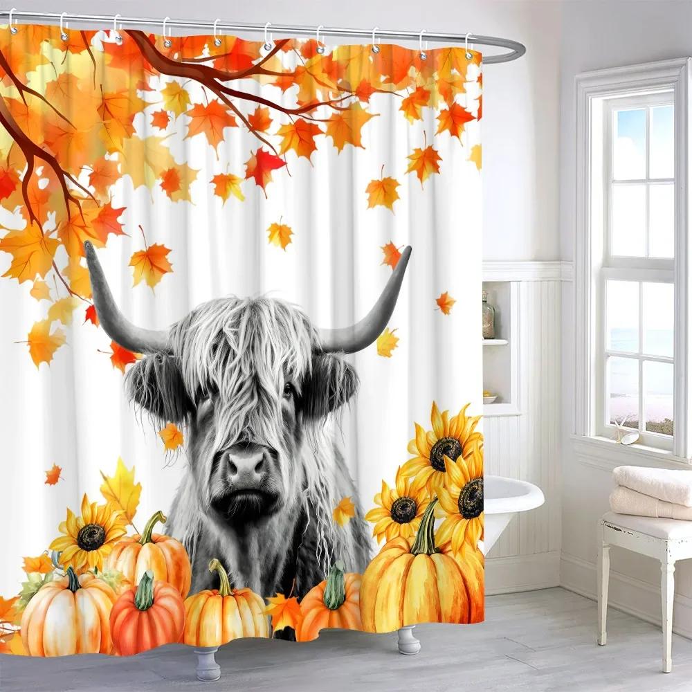 Highland Cow Leaf Pumpkin Shower Curtain Autumn Thanksgiving Gift Watercolour Print Polyester Fabric Bath Curtain Bathroom Decor