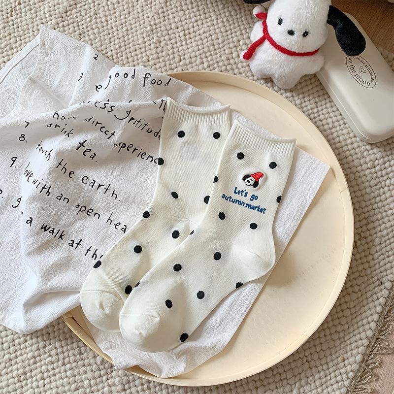Autumn Cream Wind Cute Magician Puppy Embroidered Medium Tube Socks Polka Dot Versatile Comfortable Cotton Socks Cartoon