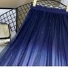 Blue Starry Sky Gradient Mesh Mid Length Skirt Women's Elastic Waist Pleated Skirt   Fantasy Fairy Tales Spring and Summer