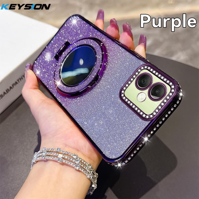 

KEYSION Luxury Glitter Jewelled Magnetic Phone Case for Samsung Galaxy A07 A06 A05 A04 Makeup Mirror Stand Shockproof Back Cover for Samsung A06 фиолетовый