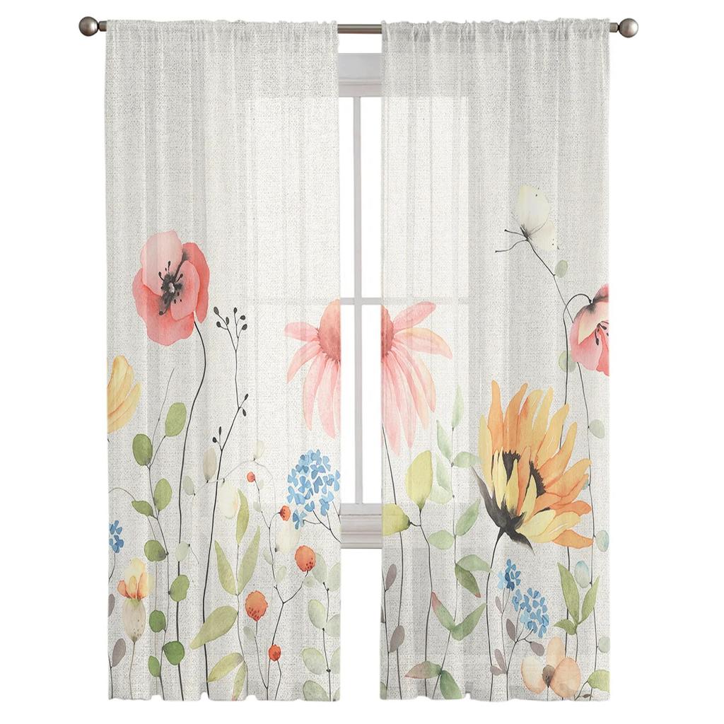 Spring Watercolor Leaves Sheer Curtains Transparent Voile Tulle Window Drapes for Bedroom Holiday Decoration