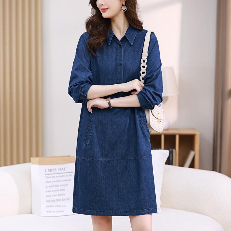 

Женское джинсовое платье-рубашка из чистого хлопка - Элегантная коллекция Весна/Осень 2024 для мам среднего возраста XXL (150-165 jin) джинсовый синий
