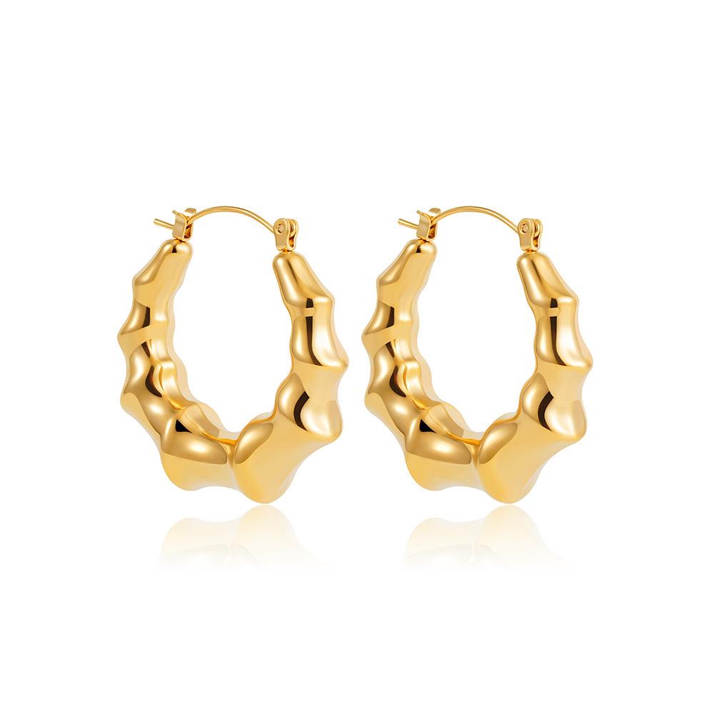 Retro Bamboo Joint Hoop Earrings for Women, Titanium Steel Plated with 18K Gold, Large and Exaggerated Design