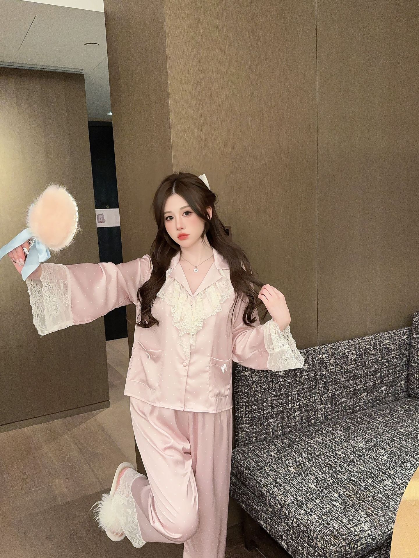 

Polka dot lace ice silk long-sleeved pajamas women s spring and autumn models new sexy high-end loungewear set XL