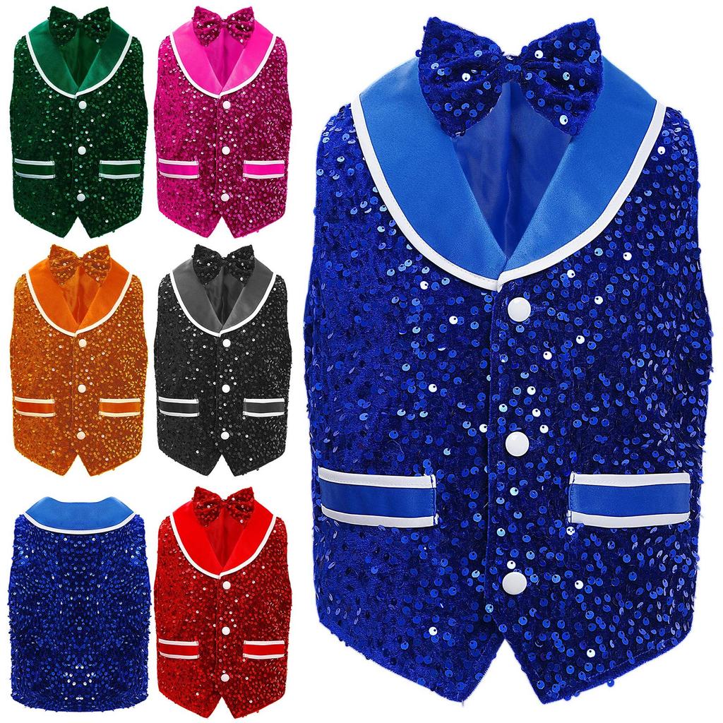 Unisex Kids Metallic Sequins Dance Vest Sparkling Buttons Irregular Hem Waistcoat Bowtie Party Costume