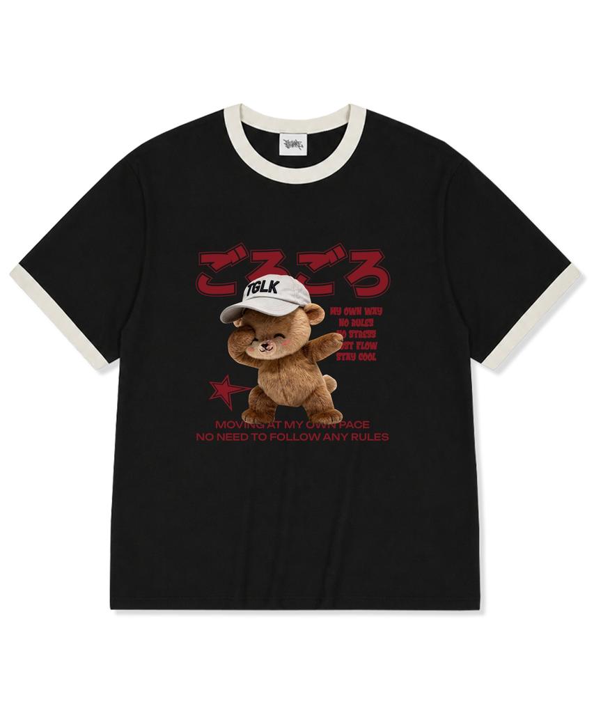 TI.GLAKE Smile Cap Bear Oversized Ringer Short Sleeve T-Shirt Black Beige