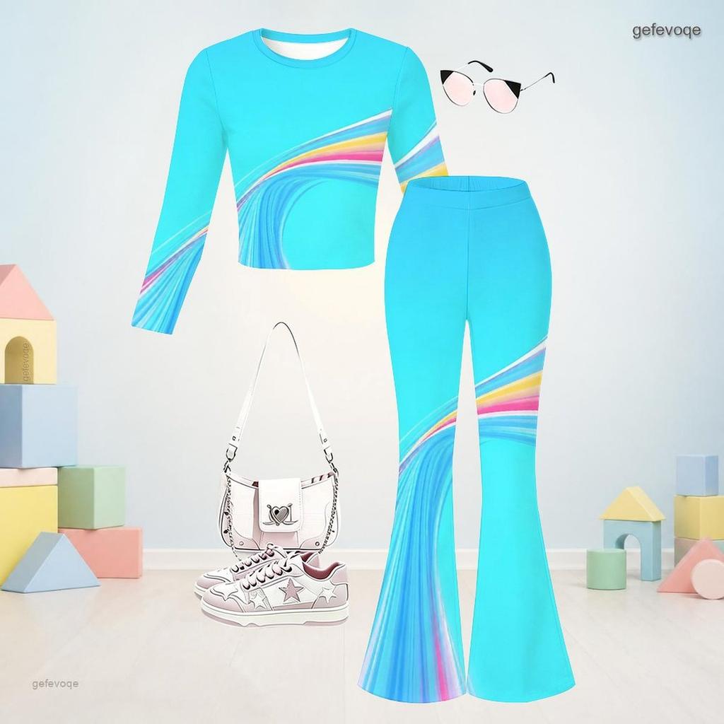 Girls Printed Round Neck Long Sleeve Crop Top Flared Pants Two Piece Set