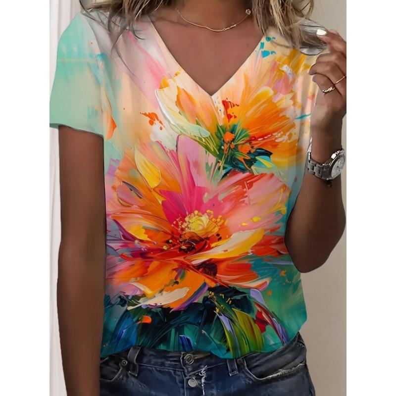 Colorful Oil Painting Flower V-neck Short Sleeved T-shirt with Pink Orange Contrasting Art Oil Painting Flower Full Print Eye-catching Fashion S