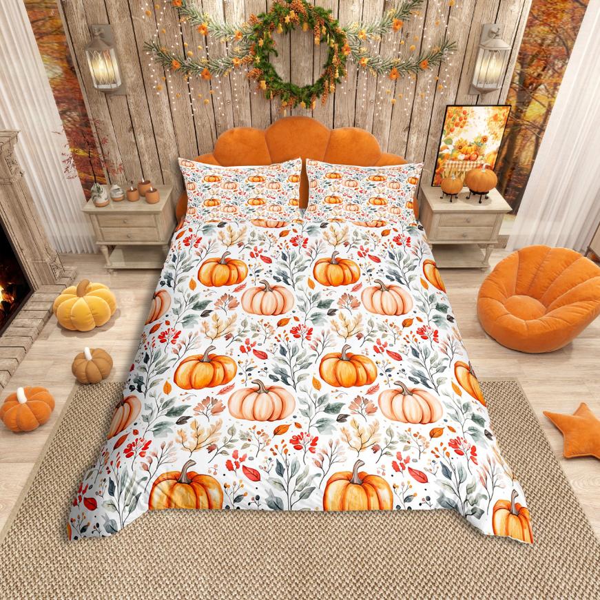 Homewish Fall Pumpkin Duvet Cover SetAutumn Theme Bedding SetOrange Truck Bed Set For AdultsBreathable Home Decor