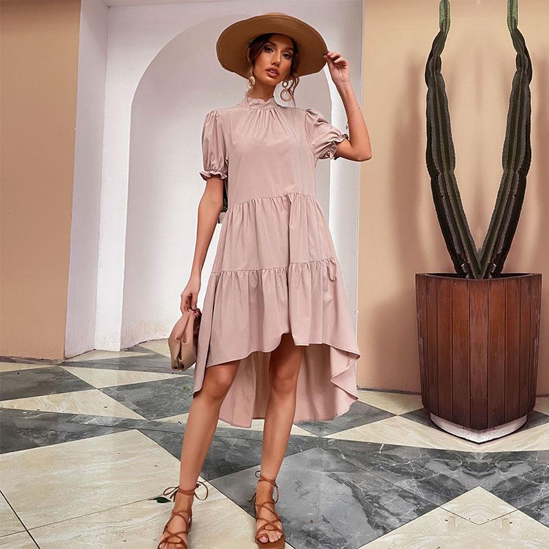Women's High Waist Solid Color Irregular Loose Semi-turtleneck Pleated Dress