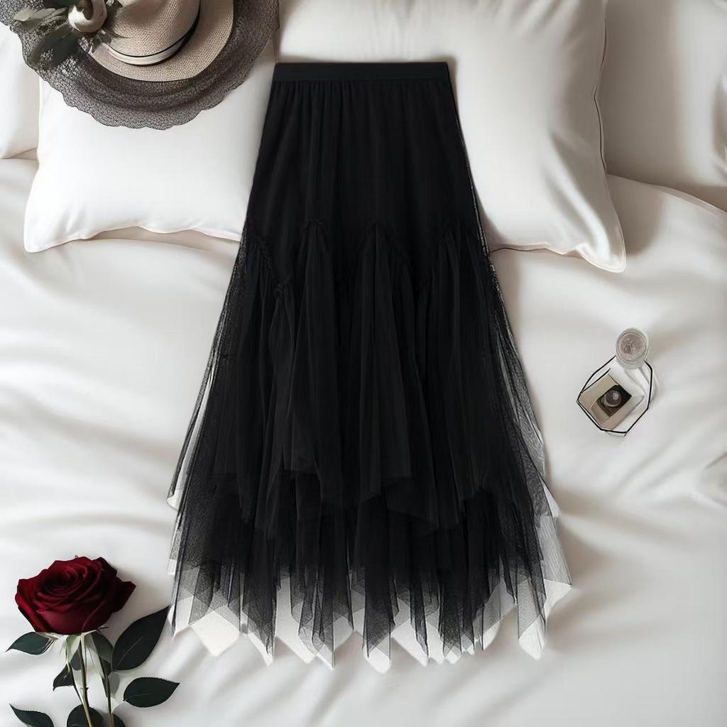 Women's High-Waisted A-Line Irregular Mesh Midi Skirt with Patchwork and Fluffy Hem for Spring/Summer