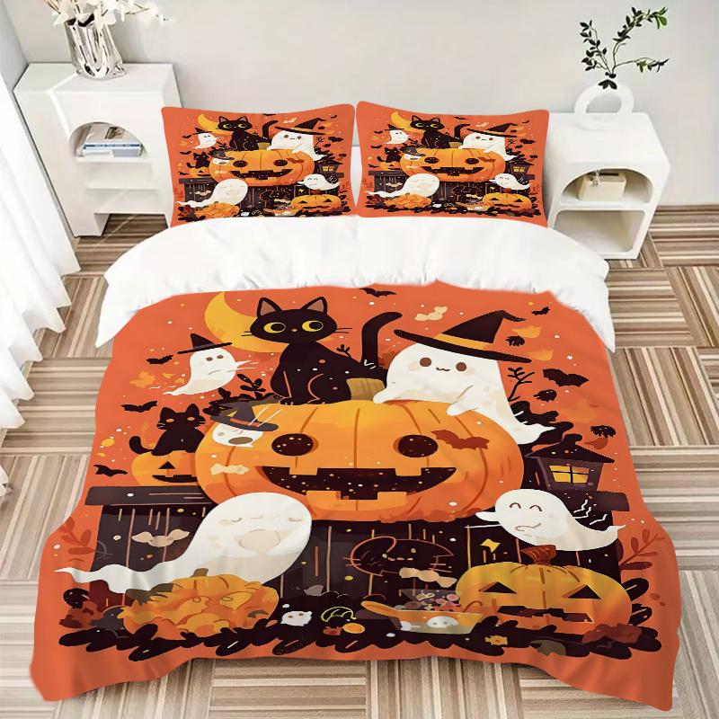 3pcs Cats & Ghosts & Pumpkins Halloween Quilt Cover Set (1 Quilt Cover + 2 Pillowcases Without Pillow Core), High-Definition Printing for Home an