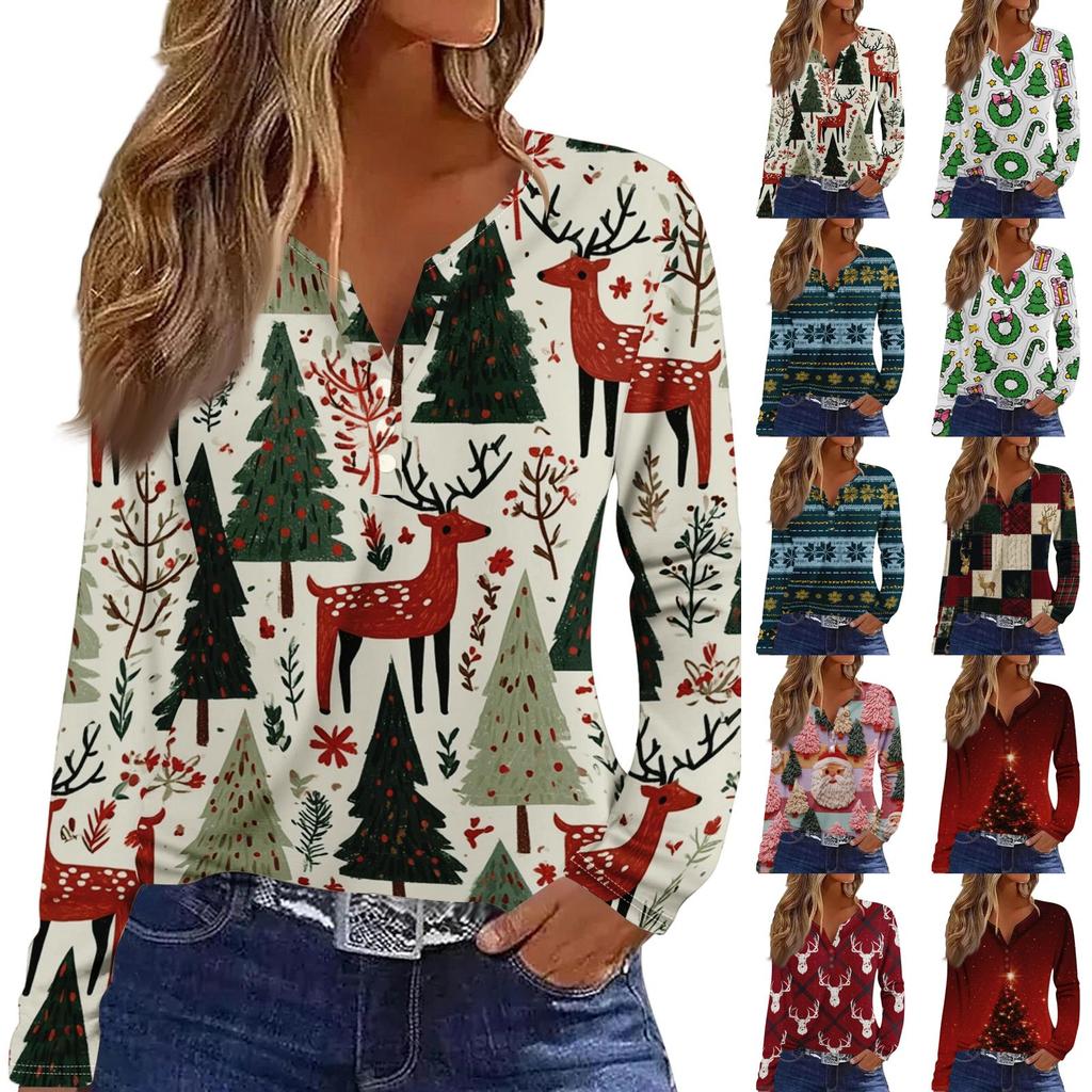 Women's Casual Christmas Print V-Neck Long Sleeve T-Shirt with Decorative Buttons for Holiday Parties
