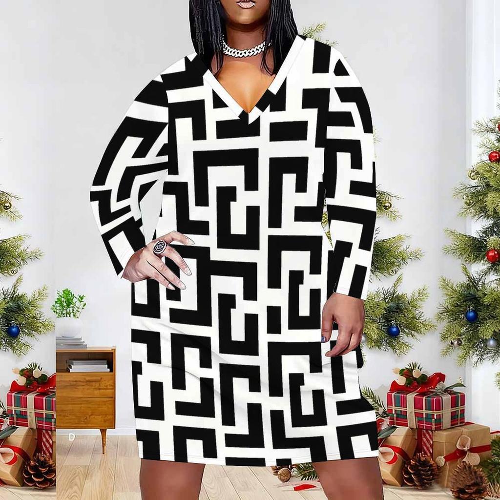 Women Plus Size V Neck Long Sleeve Abstract Printed Fitted Straight Dress