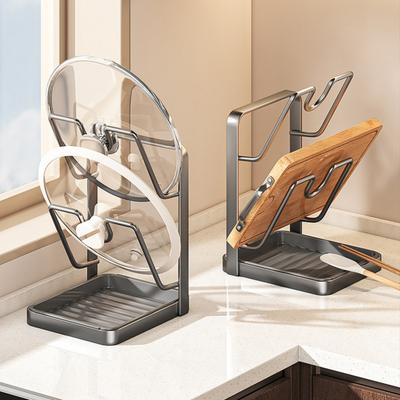Pot Lid Holder with Drain Pan U-Shaped Groove Design Carbon Steel Utensils Kitchen Organizer Drip Tray Pot Lid Rack