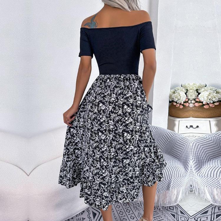 Summer Women Off Shoulder Floral Ruffled Medium Long Dress Spring