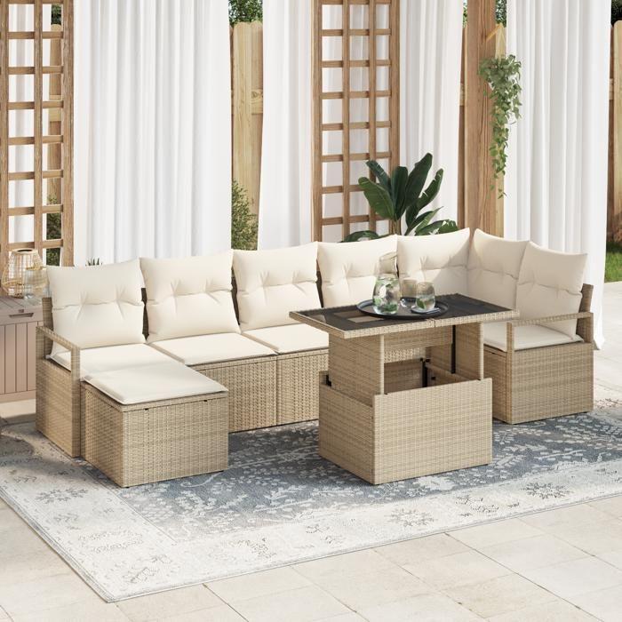 Ensemble de canapé jardin 8 pièces avec coussins Beige Poly Rattan, Canapé jardin 2 places avec coussins Beige Poly Rattan 3348867