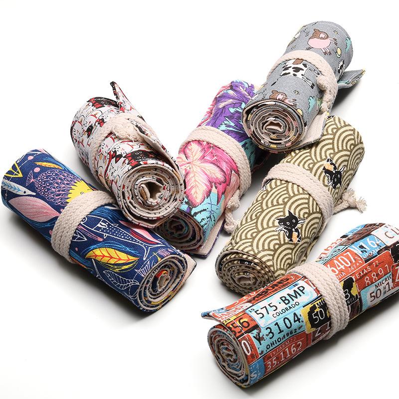 24 Holes Roll Art Pencil Case Korean Style Canvas Student Pencil Bag Paint Brush Art Holder Student Supplies Stationery