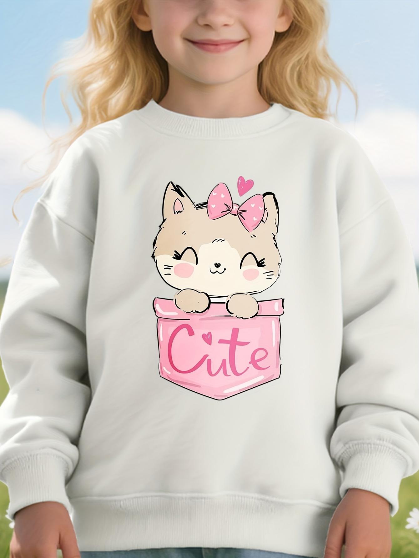 Girls Round Neck Sweatshirt with Cat Pattern And Pocket, Cute Text Print, Casual Wear 110 белый