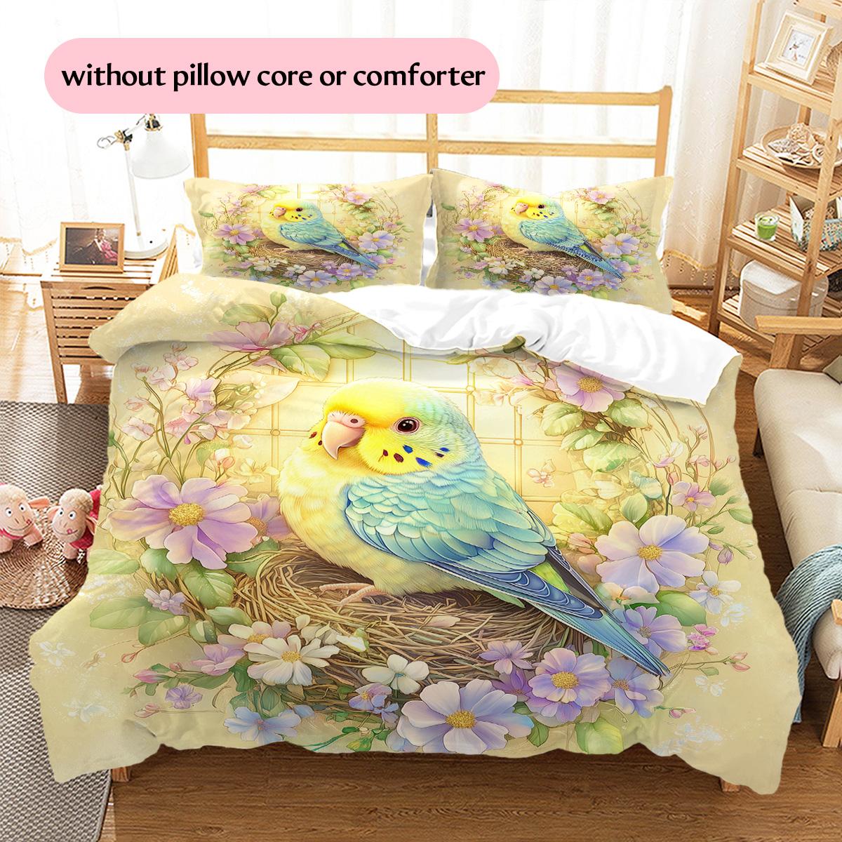 

Flower Budgerigar Pattern Bedding Quilt Set Quilt Cover Pillowcase Home Decoration Gift (1 * duvet cover + 2 * pillowcase, without core) 135x200cm