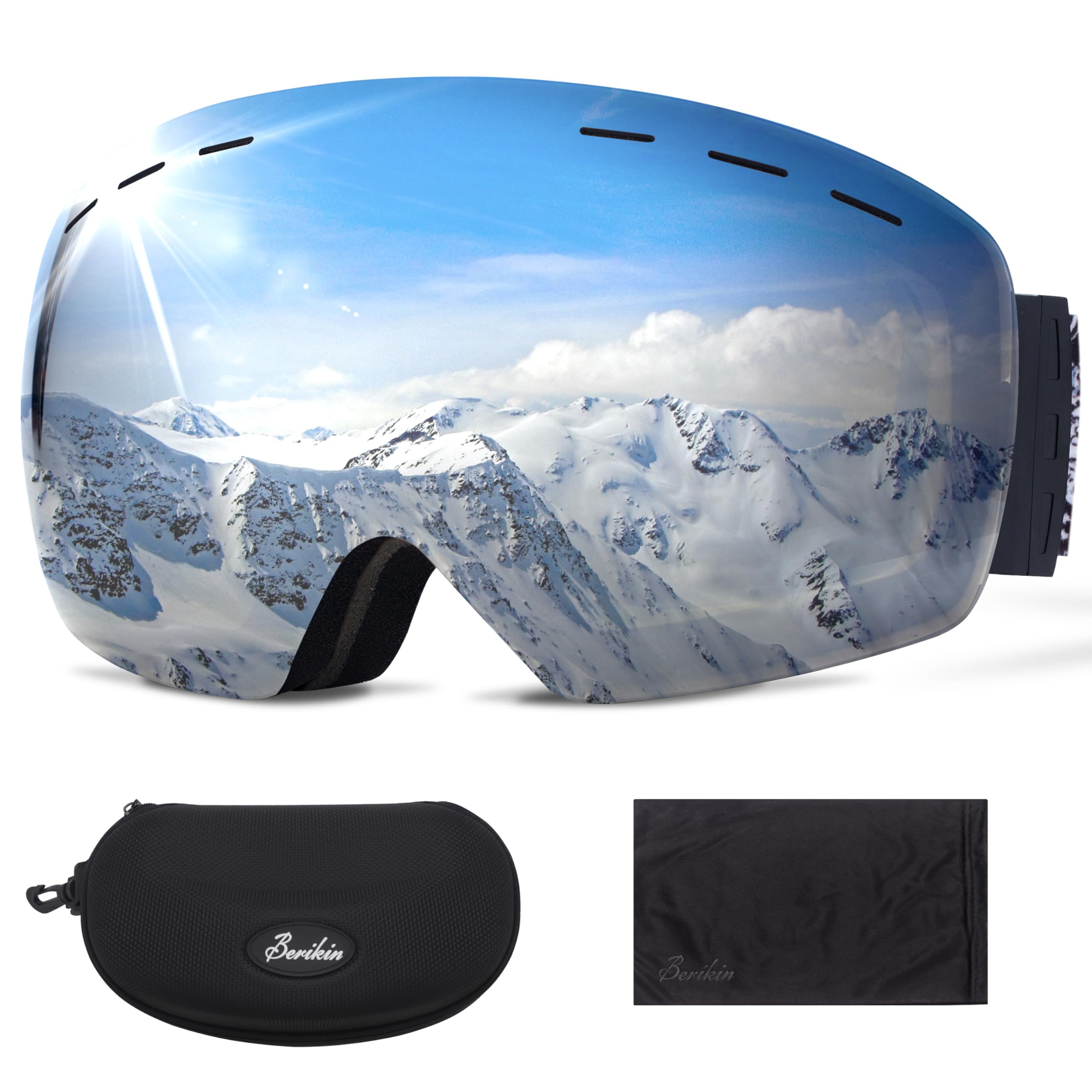 

Лыжные очки Berikin с широким обзором, бейсбольные очки для взрослых и серебристый чехол для сноубордических очков с защитой от УФ-излучения и ударов, линза 180°, размер, совместимые, мужские, женские,