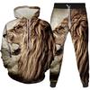 2022 foreign trade new 3d creative lion digital printing printing men's and women's hooded pullover casual sweater two-piece set