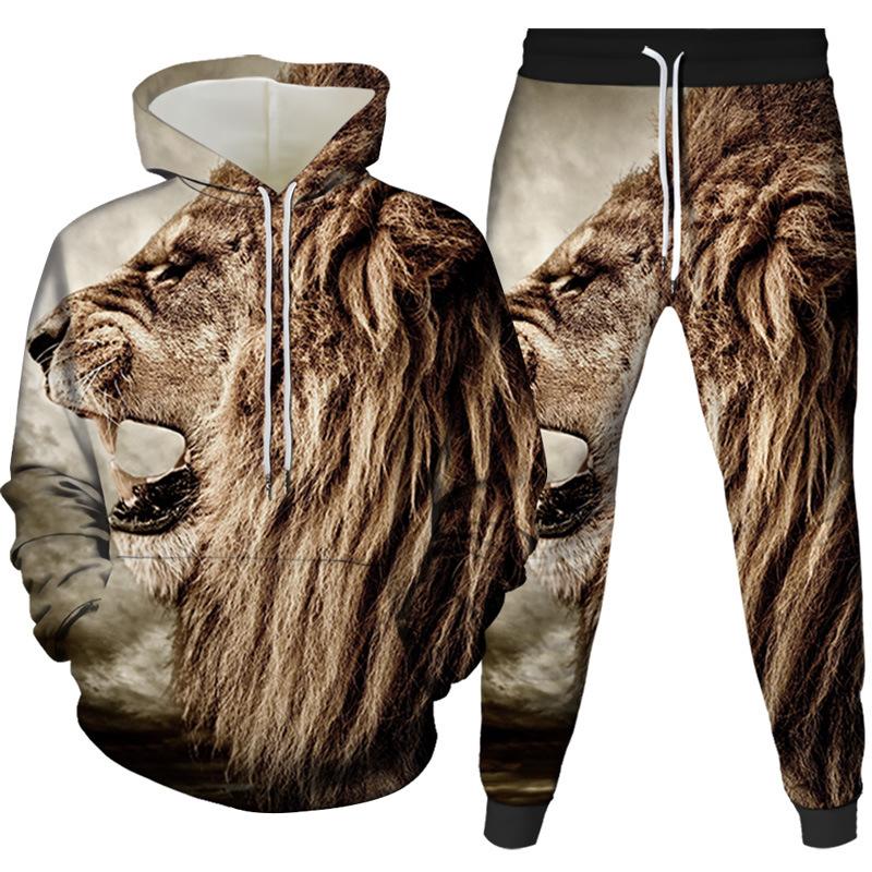 2022 foreign trade new 3d creative lion digital printing printing men's and women's hooded pullover casual sweater two-piece set