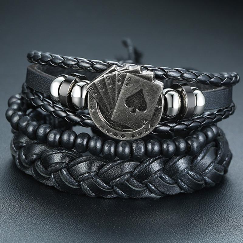 Vnox Mix 4Pcs/ Set Braided Wrap Leather Bracelets for Men Women Vintage Wooden Beads Ethnic Tribal Wristbands Bracelet Rudder